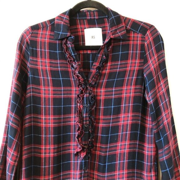 Zara Ruffle Trim Plaid V-neck Button Down - Picture 5 of 6